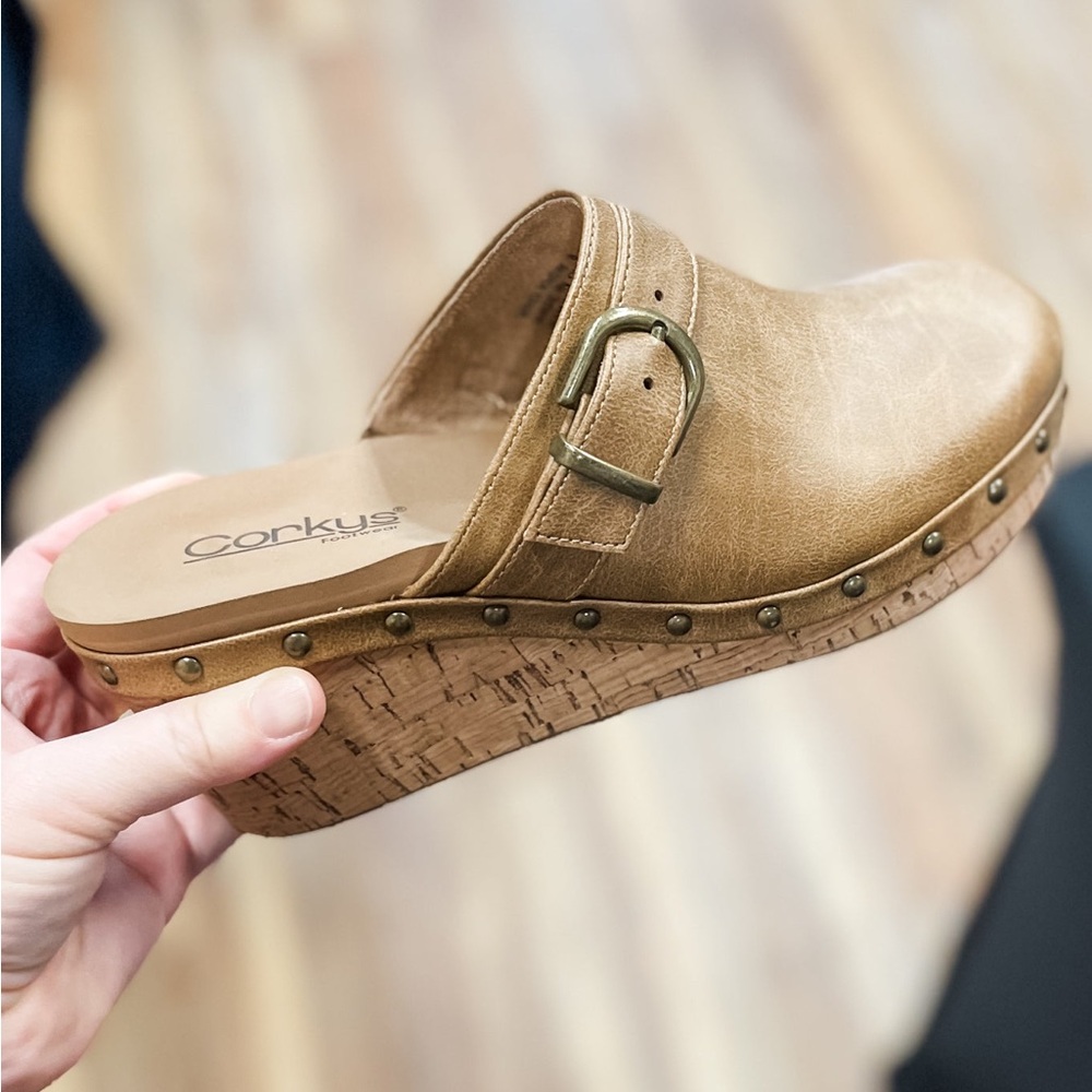 Corkys Footwear Who Knew tan wedge closed toe clog mule style fall shoe